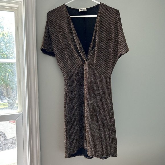 Show Me Your Mumu Size XS Get Twisted Mini Dress Gold Hourglass Short Sleeves - Picture 2 of 12